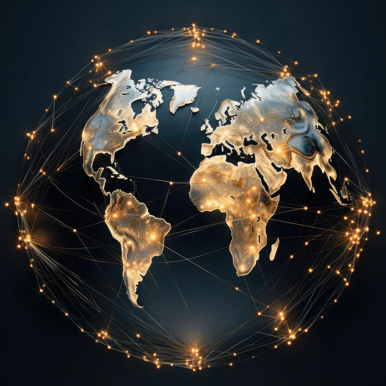A digital globe illuminated with golden network connections representing global logistics partnerships and international freight agent connectivity.