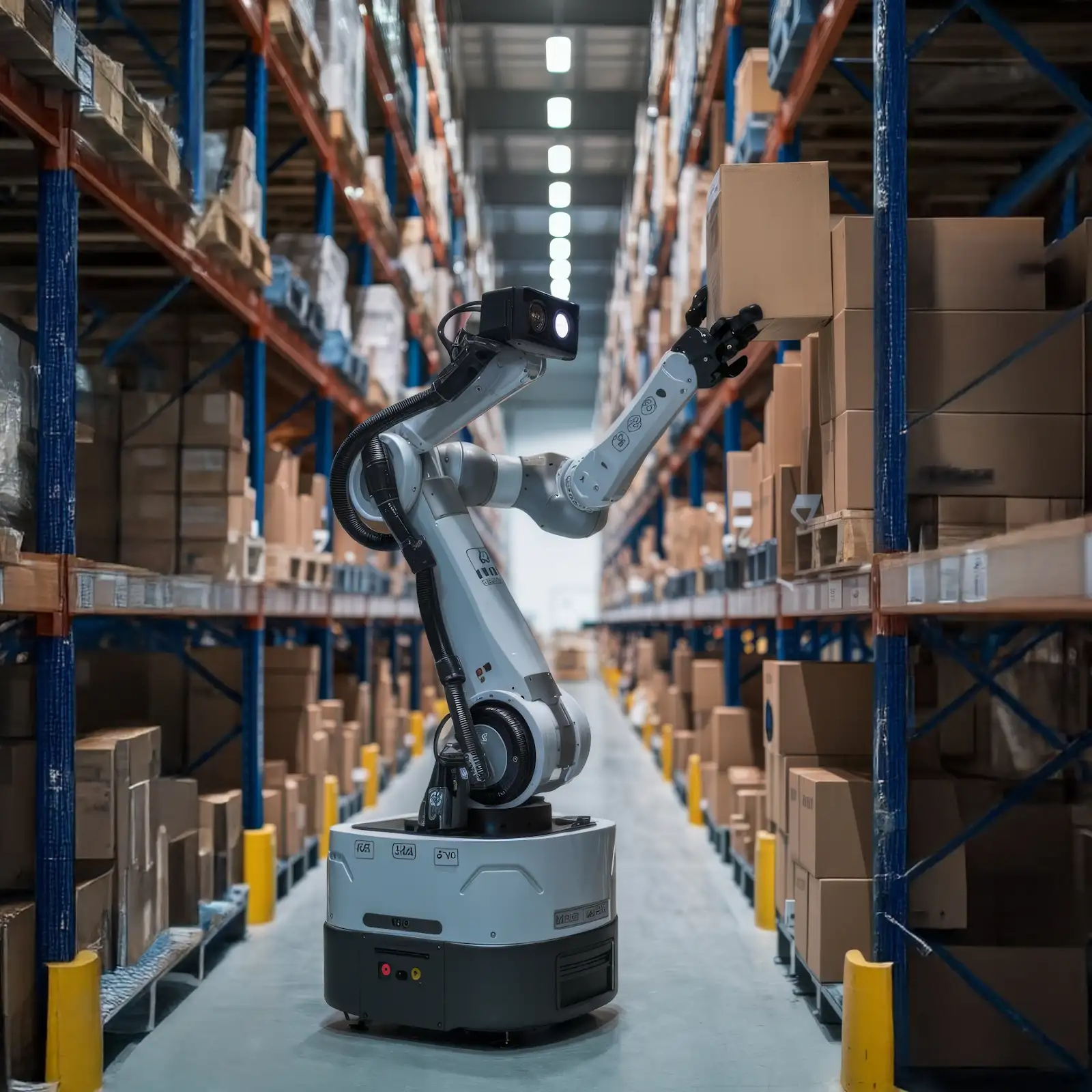 Advanced warehouse robot using AI-powered automation to organize and retrieve packages in a modern logistics facility