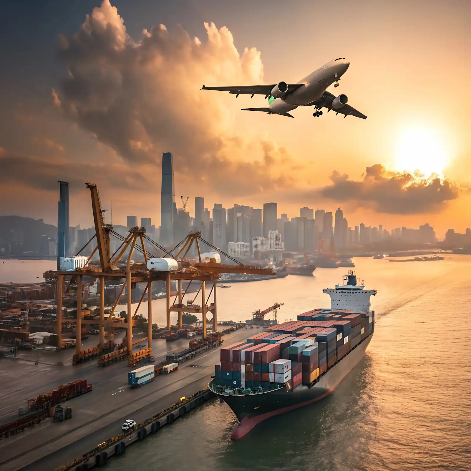 Illustration of global logistics showing a cargo ship docked at a busy container port with shipping cranes, trucks, and an airplane flying above at sunset, representing both sea freight and air freight solutions.