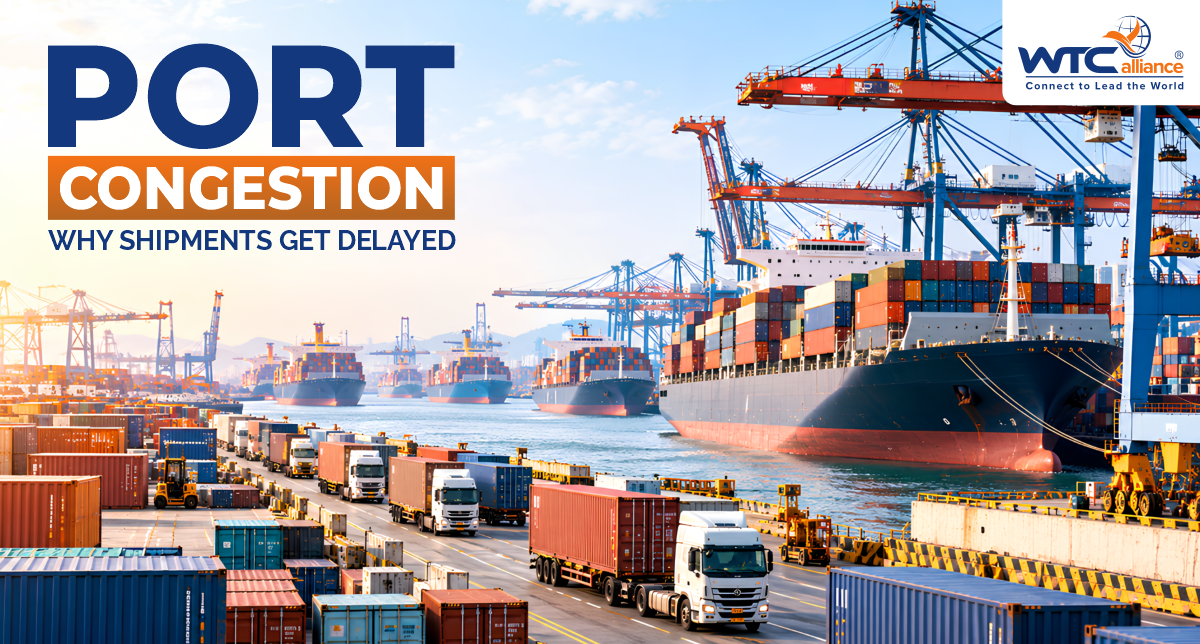 Container ship waiting at a congested port with multiple shipping containers and cranes